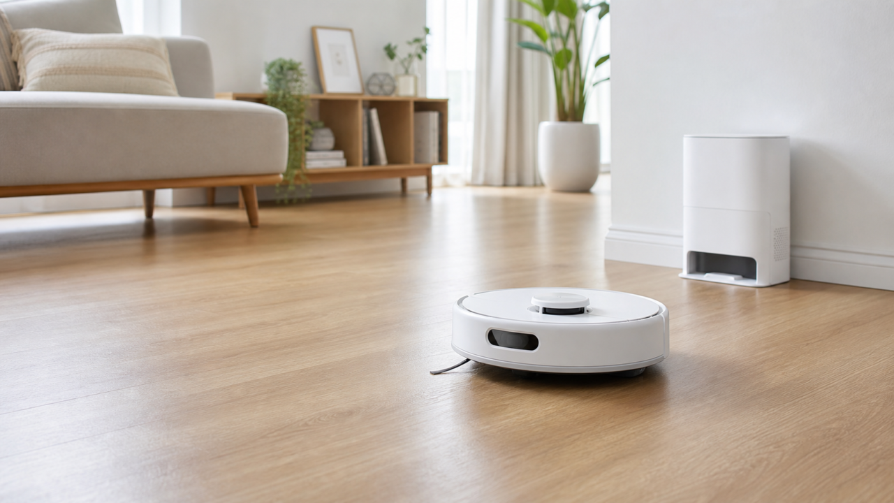SwitchBot K11+をイメージした小型ロボット掃除機と自動ゴミ収集ステーション