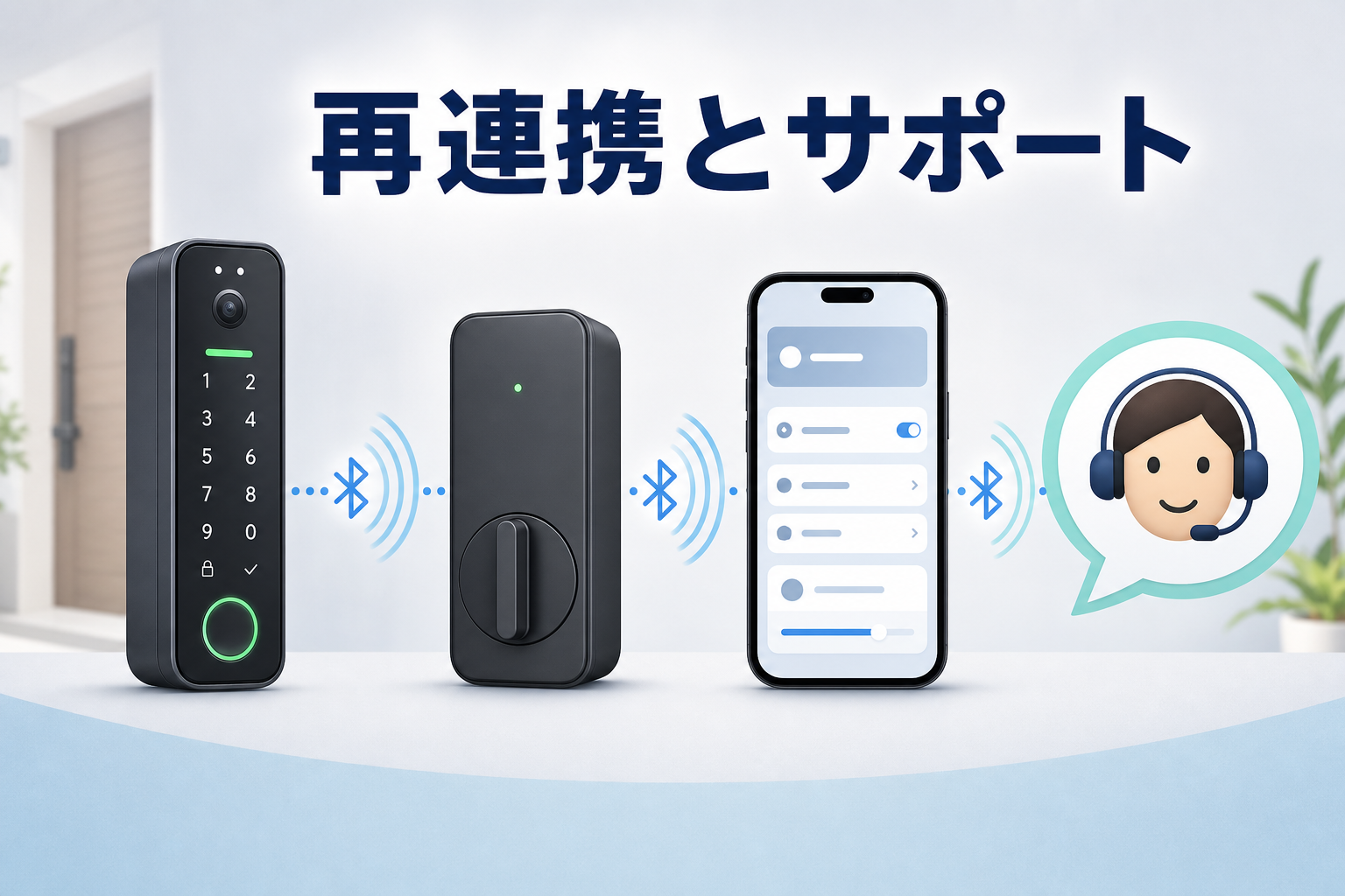 顔認証パッドの再連携とサポート相談を表した画像