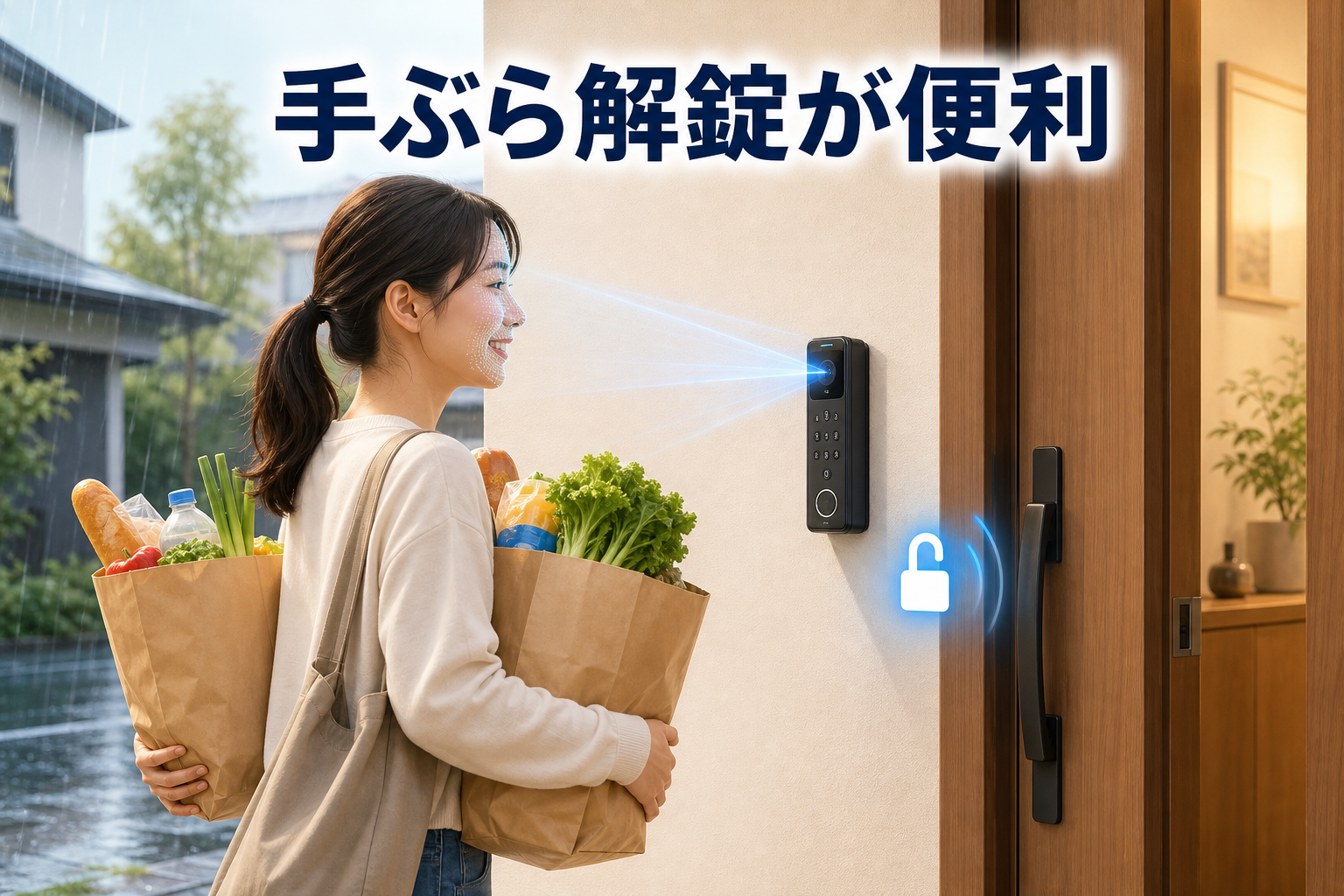 顔認証パッドによる手ぶら解錠のメリットを表した画像