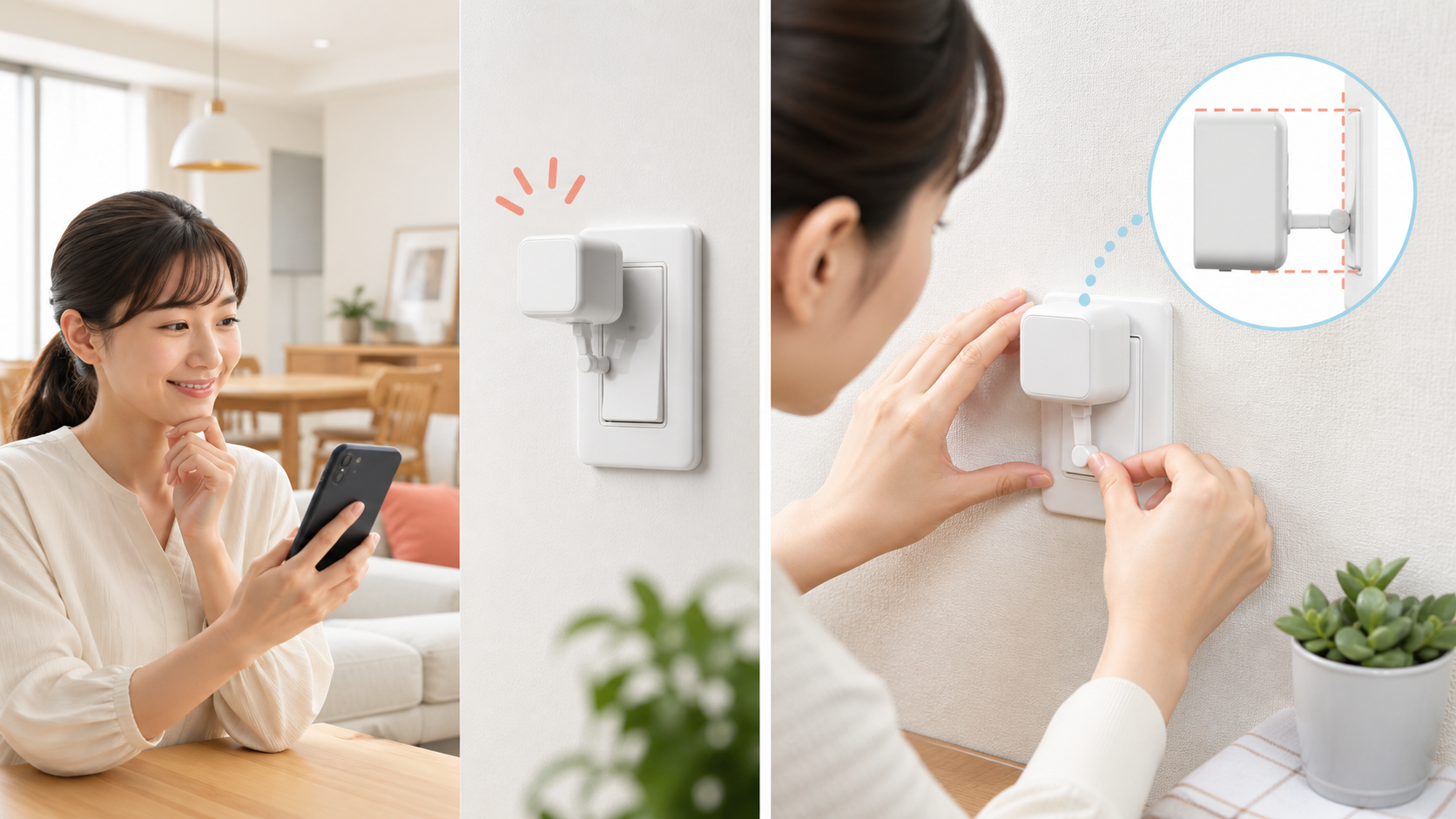SwitchBotボットの便利さと設置確認を表したイメージ